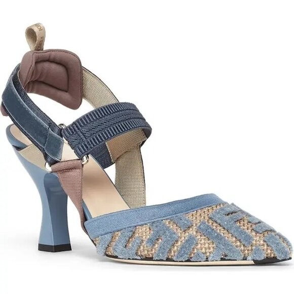 FENDI Colibri Lite 85 FF Jacquard Logo Slingback Heel Pumps Sandals Shoes - Picture 1 of 14